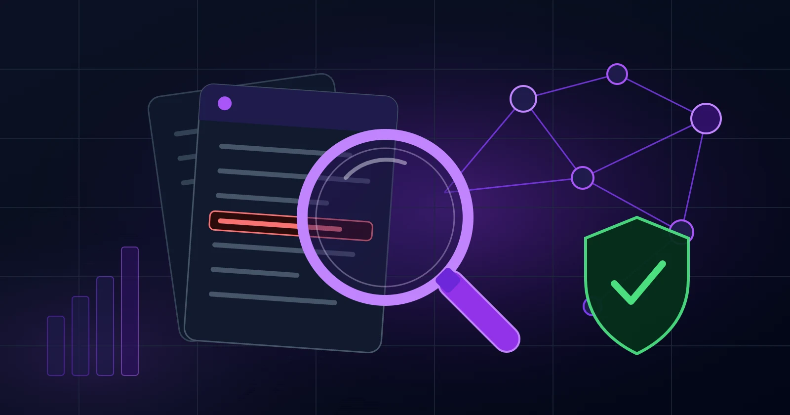 Abstract illustration of an income-tax return under a magnifying glass, with one highlighted line that does not match, a network of data sources and a shield
