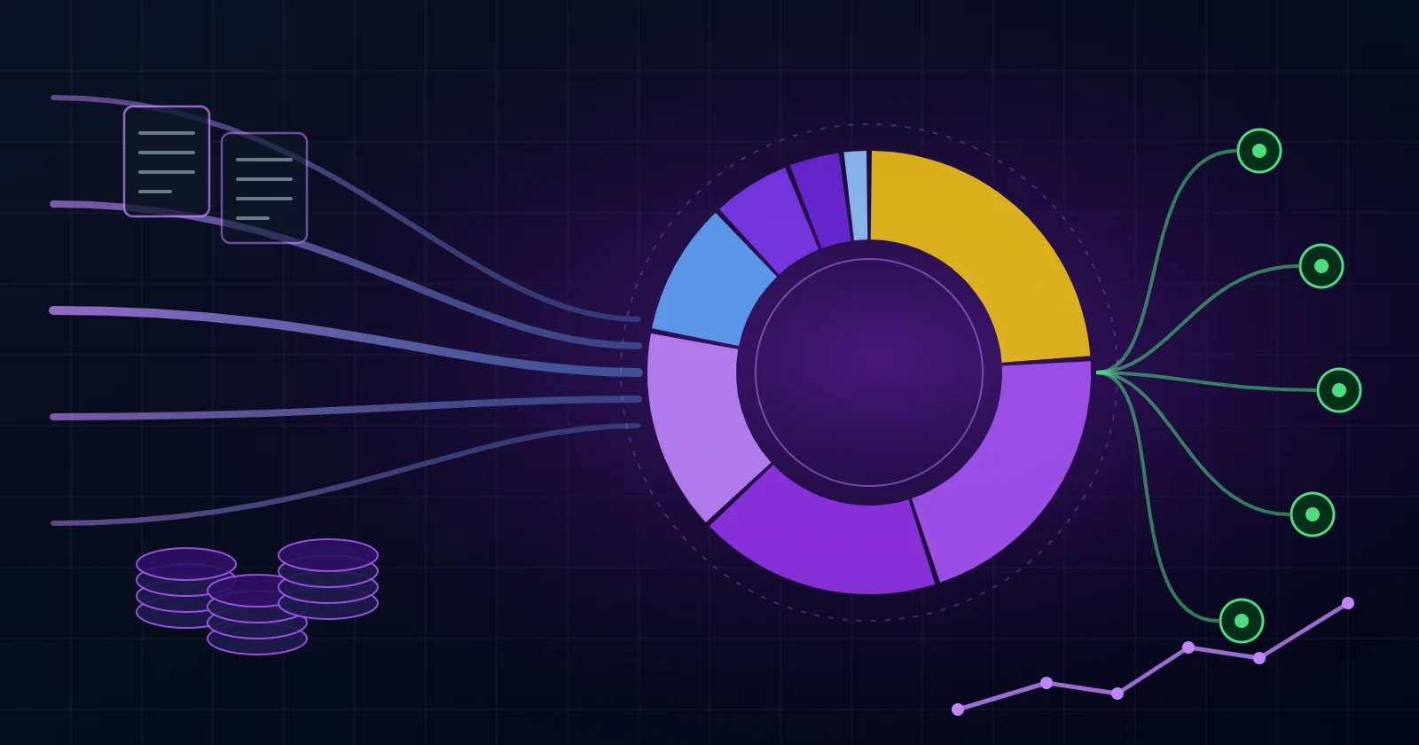 Abstract illustration of streams of money flowing into a segmented ring chart and out to several connected nodes, on a dark purple background