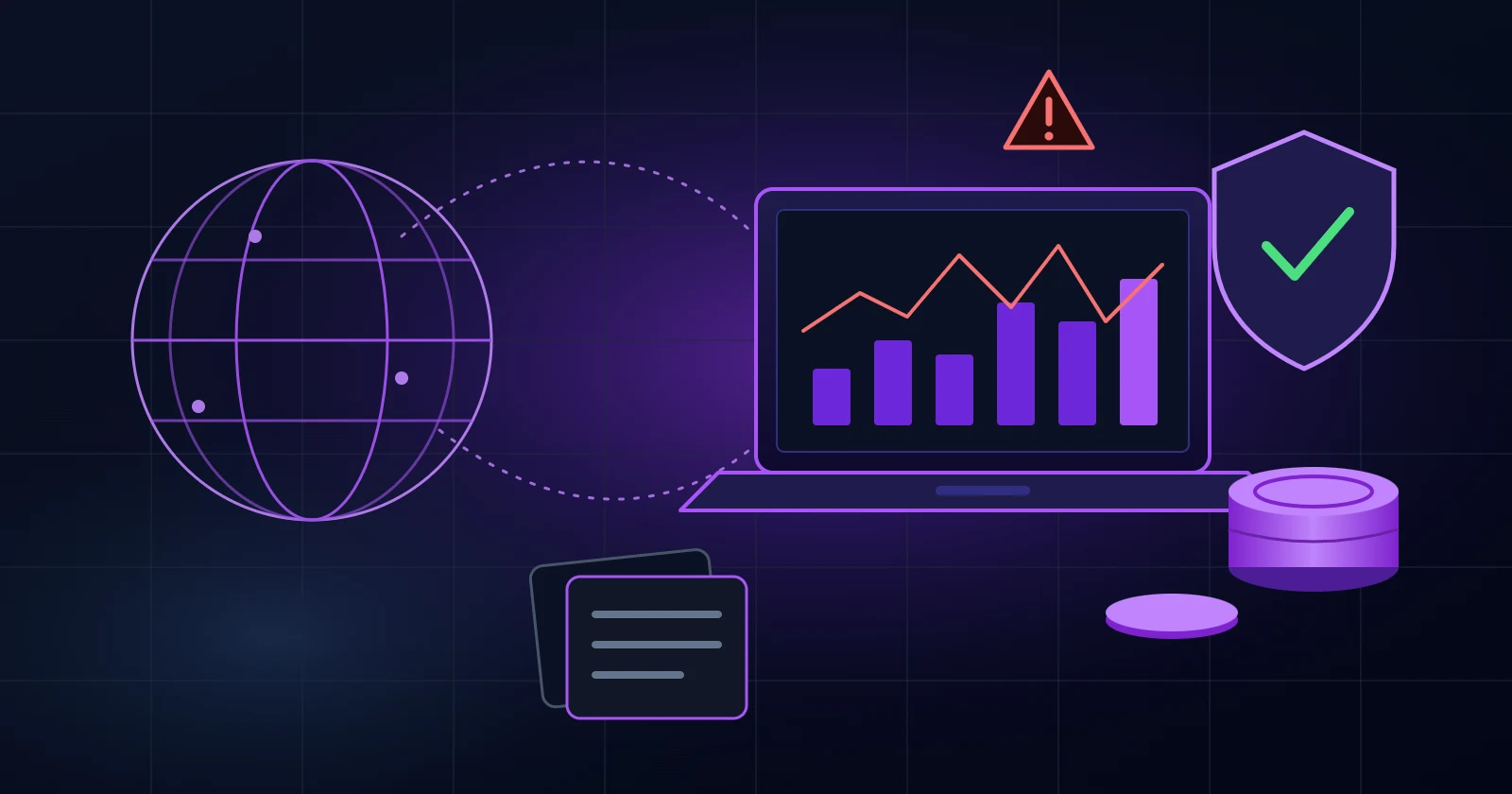 Abstract illustration of a globe linked to a laptop showing a volatile chart, with a coin stack, a shield and a warning sign on a dark purple background