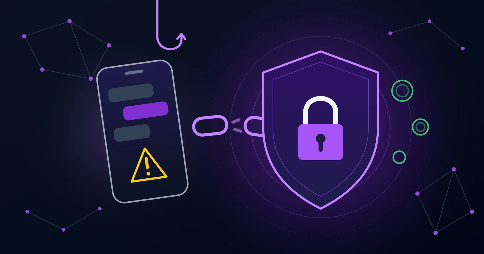 Abstract illustration of a phone showing a warning sign, linked by a broken chain to a purple shield with a padlock, on a dark background with a purple glow.