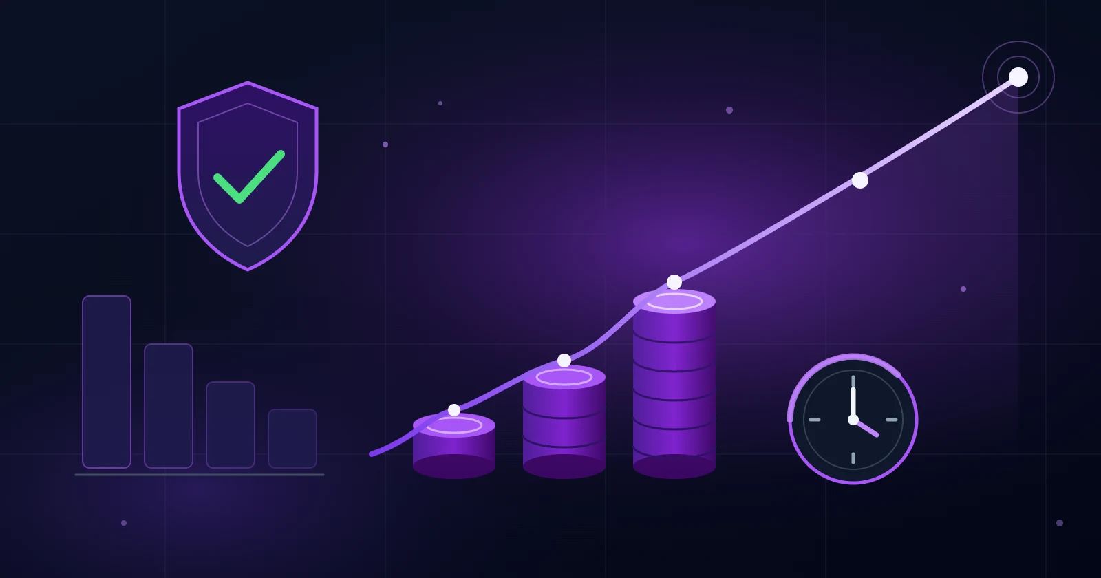 Abstract illustration of shrinking bars for inflation, coin stacks under a rising curve for compounding, a shield for protection and a clock for time